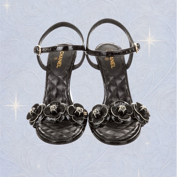 CHANEL Shoes - Chanel Black Camellia Patent Leather Heels – Size 38 Made in Italy